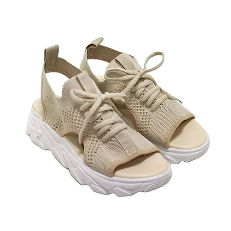 

Funicet Sandals for Women 2024 Muffin Sandals Causal Summer Open Toe Platform Sandals Shoes Breathable Muffin Sandals with Contrast Inserts and Lace-Up Cutouts for Women Beige 35