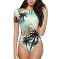 thumbnail image 2 of Goofa Tropical Summer Palm Printed Women Rash Guard Short Sleeve,Tummy control Swimsuit Surfing Swimsuit Bathing Suit One Piece Swimsuit UPF 50-XX-Large, 2 of 9