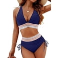 thumbnail image 1 of Women Tummy Control Swimsuits Color Block Two Piece Drawstring Bathing Suit Dark Blue M, 1 of 7