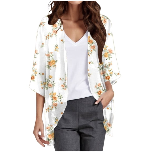Women's Cardigan Floral Print Chiffon 3/4 Sleeve Open Front Lightweight Breathable Cover Up Casual Top for Summer Outfits