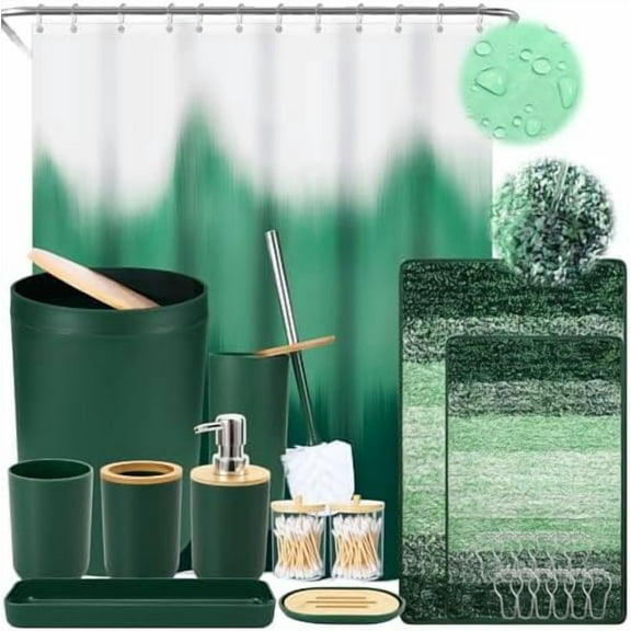 Bathroom Accessories Dark Green Bathroom Sets with Shower Curtain and Rug, Dark Green Ombre Waterproof Shower Curtain with Ultra Absorbent Rug Bathroom Accessories Set for Home