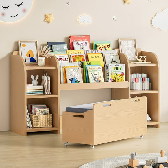 ROGALIS Kids Bookshelf with Reading Nook, 55.2" Toy Storage Organizer with Movable Bench with 3 Storage, 3-Tier Bookshelf, 6 Storage Cubbies for Bedroom, Playroom