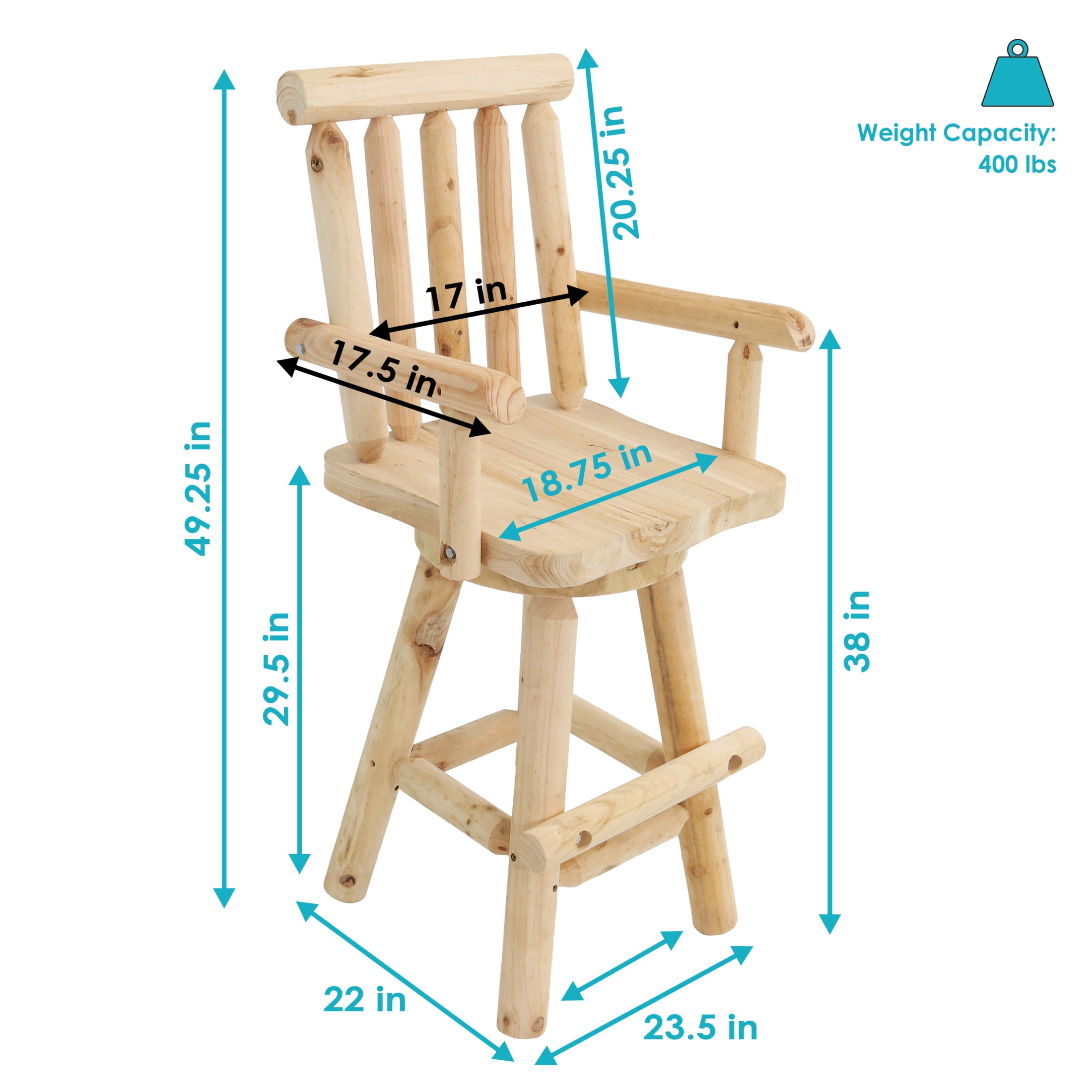 Sunnydaze Square Slat Back Rustic Log Cabin Style Bar Stool, Unfinished (Set of 2)