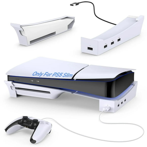 RGEEK Horizontal Stand for PS5 Slim, Cabinet Console Laydown Holder with Charging Data USB Hub for PS5 Controller, Accessories Stand Compaitble with Playstation 5 Slim Disc & Digital Edition Console