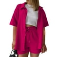 thumbnail image 4 of WAYUTE Shorts Sets Women 2 Piece Outfits Solid Color Short Sleeve Button Shirt and Casual Shorts Comfortable Casual Travel Summer Outfit, 4 of 6