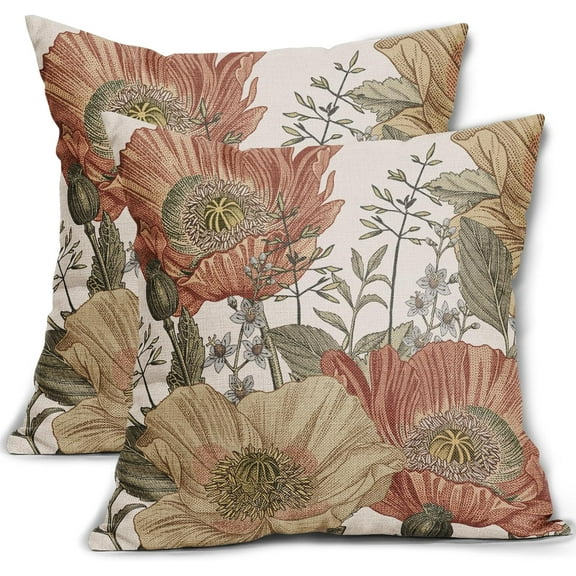 Vintage Flower Throw Pillow Covers 18x18 Brown Rust Colored Floral Botanical Pattern Decorative Pillows Outdoor Linen Farmhouse Cushion Case Country Pillowcase for Sofa Bed Room Decor Set of 2