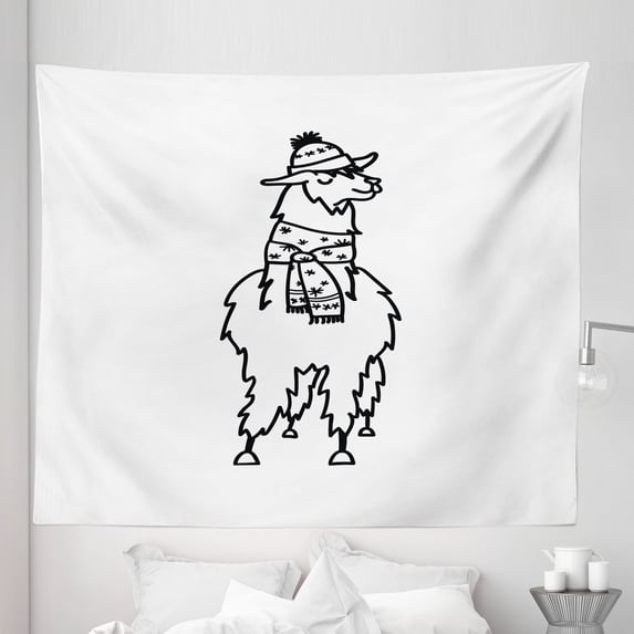 Llama Tapestry, South American Domestic Alpaca Animal with Winter Attire Monochrome Illustration, Fabric Wall Hanging Decor for Bedroom Living Room Dorm, 5 Sizes, Black White, by Ambesonne