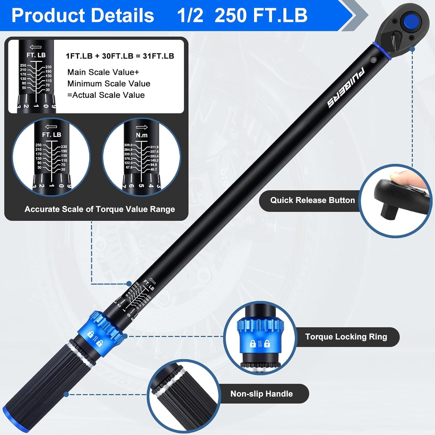 Torque Wrench 1/2 drive, 30-250 FT.LB/40.7-339 Nm, Dual-Direction Adjustable 1/2 Torque Wrench, 72-Tooth Click Dual Range Scales Torque Wrenches for Car, Truck,Tractor