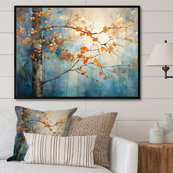 Designart "Orange Blue Maple Tree Glowing Embers II" Floral Floater Framed Canvas Wall Art