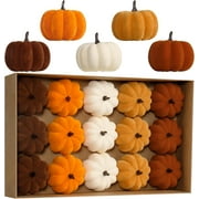 RoseCraft Artificial Flocked Pumpkins, 15PCS Coffee Gold Beige Orange Brown Velvet Foam Faux Pumpkins Decorations, for Fall Harvest Halloween Thanksgiving Table Centerpiece Decor.