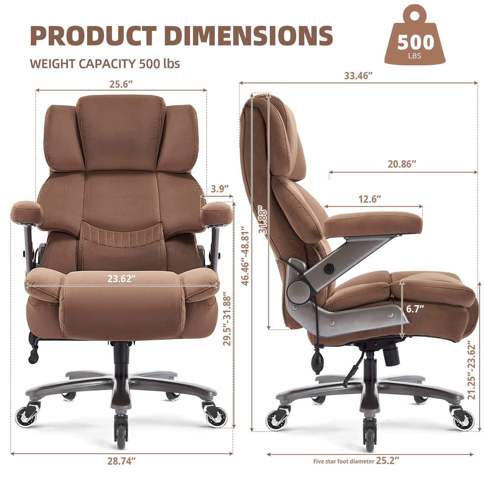 Big and Tall 500lbs Office Chair, Fabric Heavy Duty Executive Chair with 3D Flip up Armrests Adjustable Lumbar Support Large Rubber Wheels, Extra Wide High Back Computer Desk Chair, Brown