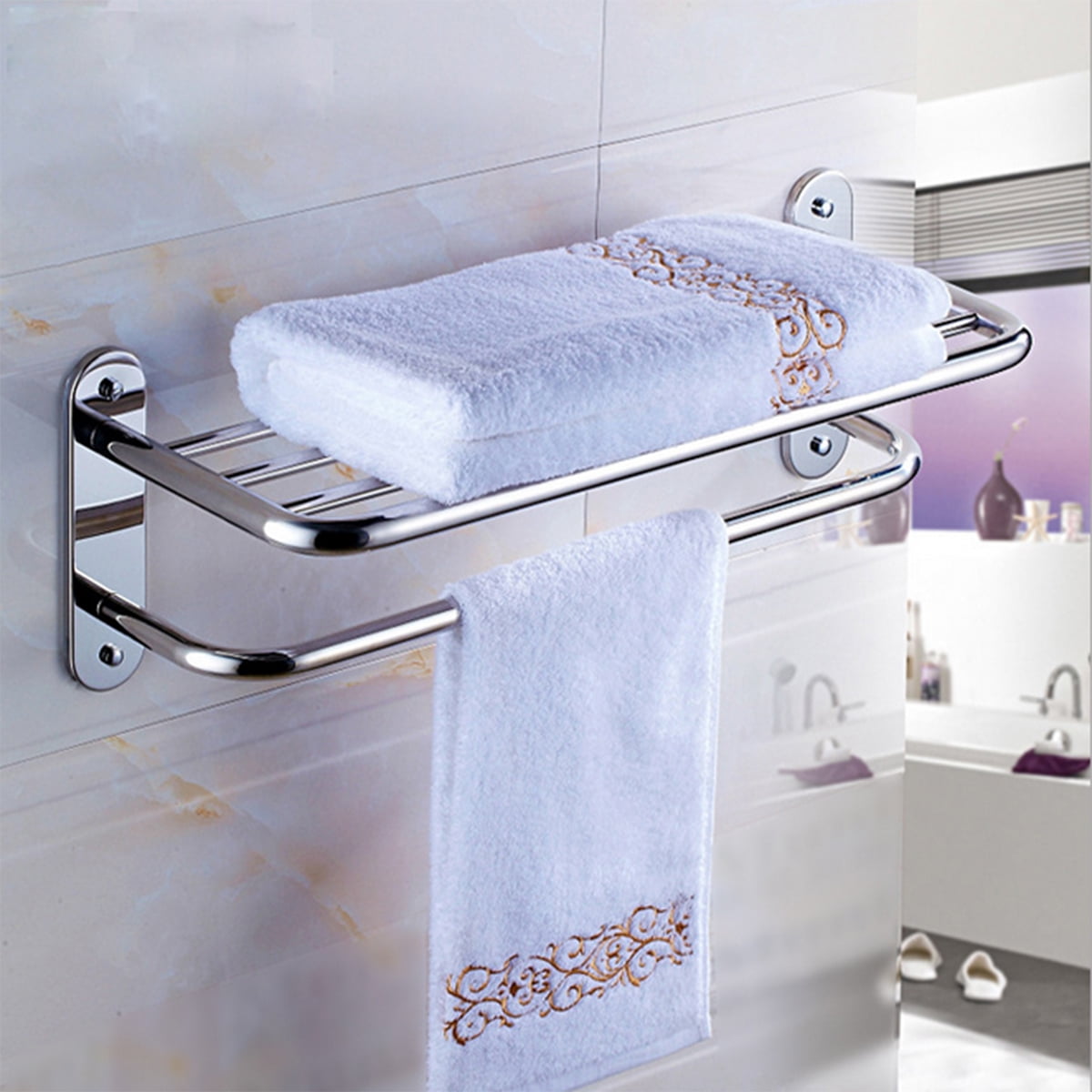 HALLOLURE Home Hotel Towel Shelf, Chrome Stainless Steel Towel Rack Wall Mount Bathroom Shelf Bar Rail Hotel Style