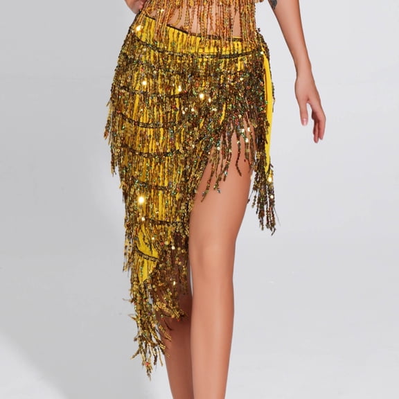 Riecok Party Skirts for Women Tassel Split Fringe Skirt Asymmetrical Lightweight Cocktail Dance Skirt Gold Free Size