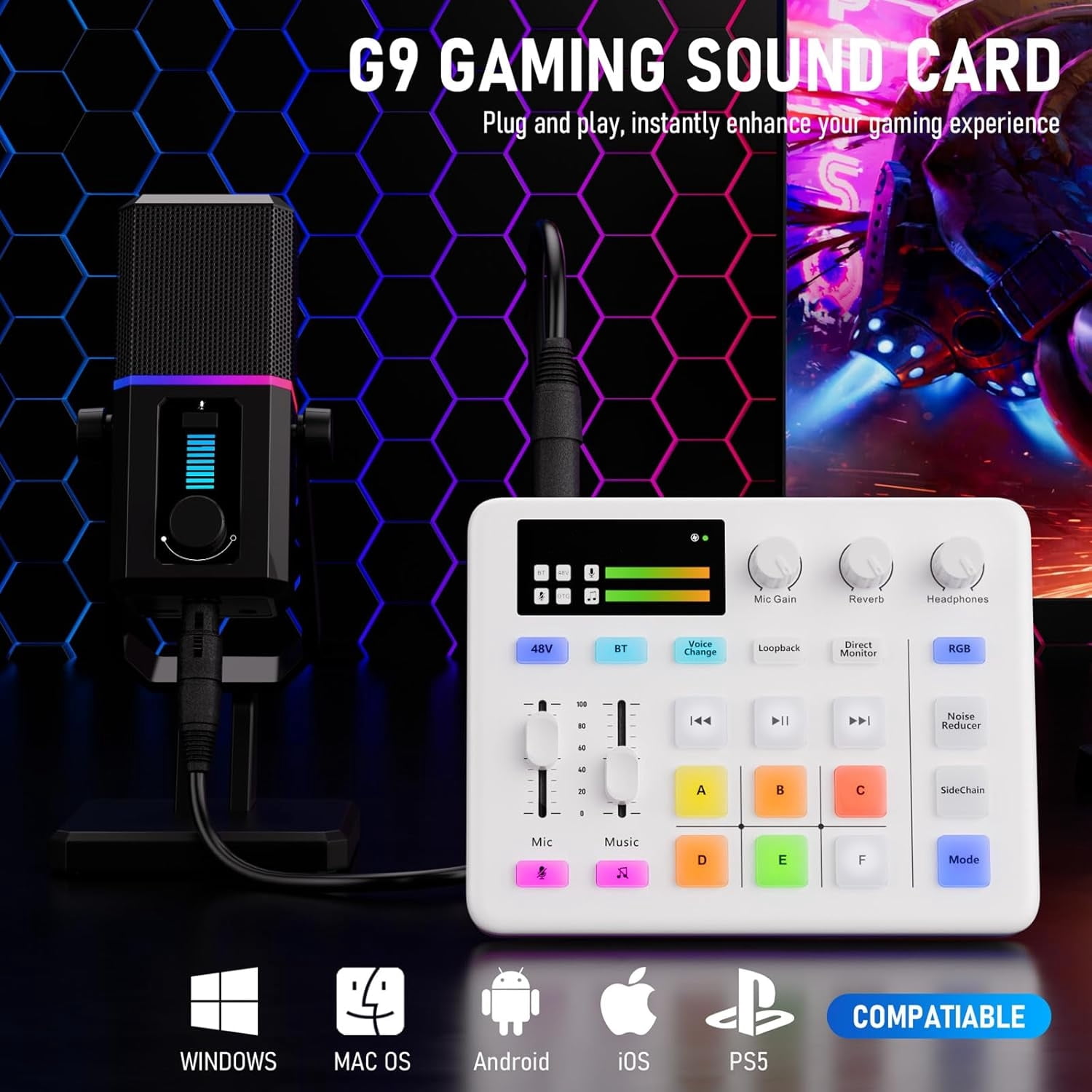 Audio Mixer, Live Sound Card, Voice Changer Kit with RGB Audio Interface,Pro-preamp, Bluetooth Streaming PC Mixer with XLR/48V Phantom Power for Live Streaming,Podcasting,Content Create,Gaming(White)