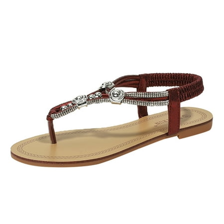 

Womens Sandals Women Flat Bead Sandals Summer Boho Shoes Comfort Open Toe Elastic Ankle Strap Strapless Sandals Roman Sandals Women S Sandals Pu Red 38