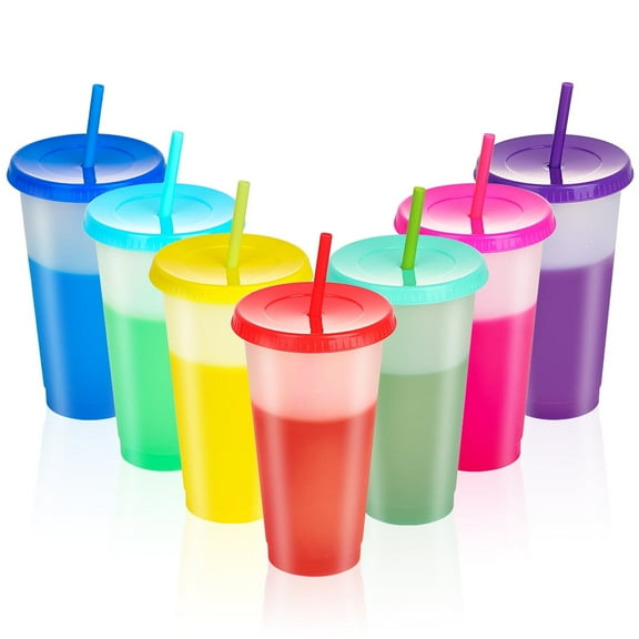 Color Changing Cups With Lids and Straws for Adults Cold Drink Plastic Tumblers with Lids and Straws Bulk 7 Colors 24oz