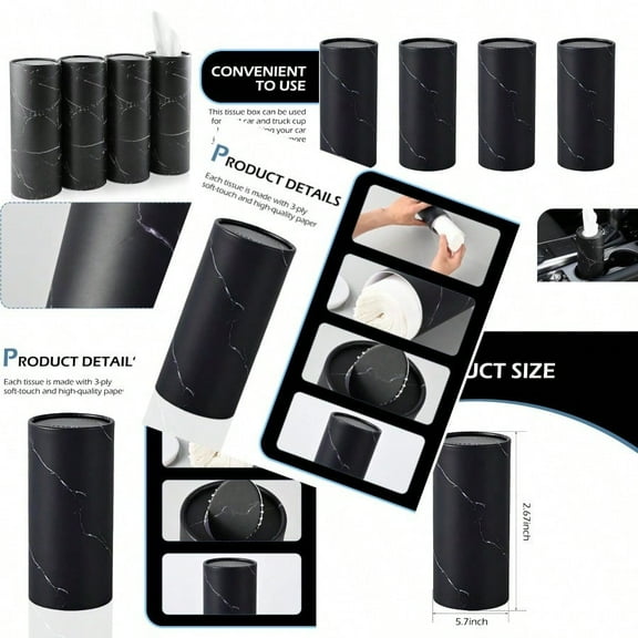 Car Tissue Holder Car Cup Holder Facial Tissues Car Travel Cup Holder with 4 Pack Facial Tissues Tissues Cylinder Box Container Black