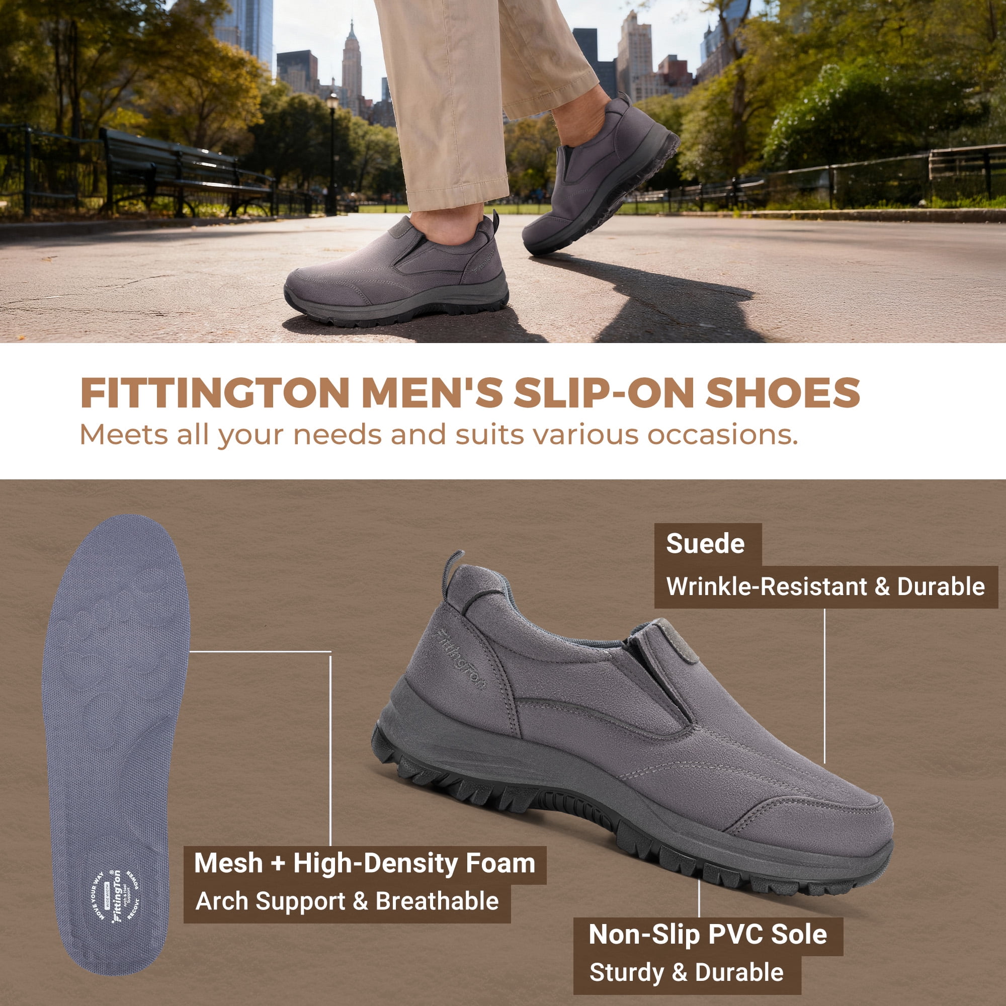 Fittington Mens Slip on Hiking Shoes Men's Walking Shoes Outdoor Trekking Loafer, Grey