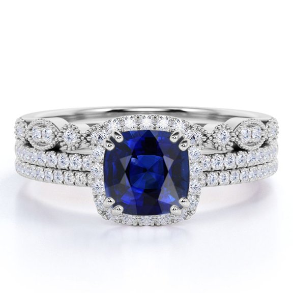 JeenMata 2.25 Carat Cushion Cut Royal Lab Created Blue Sapphire Wedding Trio Ring Set in 18k White Gold Over Silver