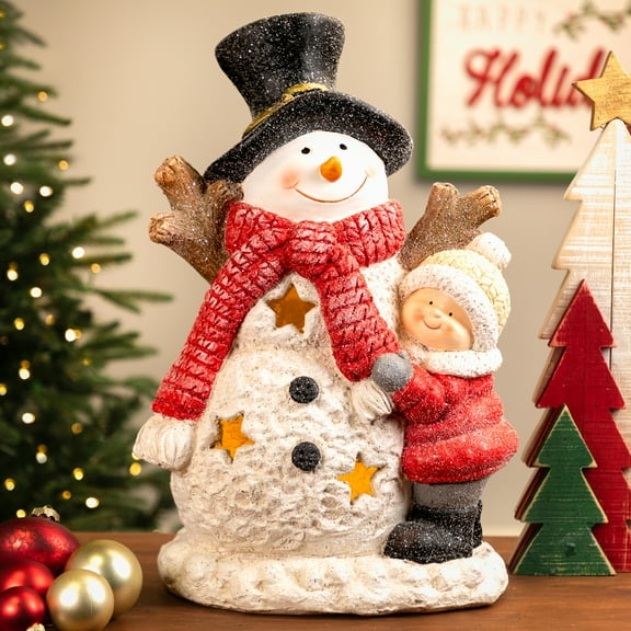 Lighted Snowman and Boy Christmas Decoration - 18" - Clear LED Lights