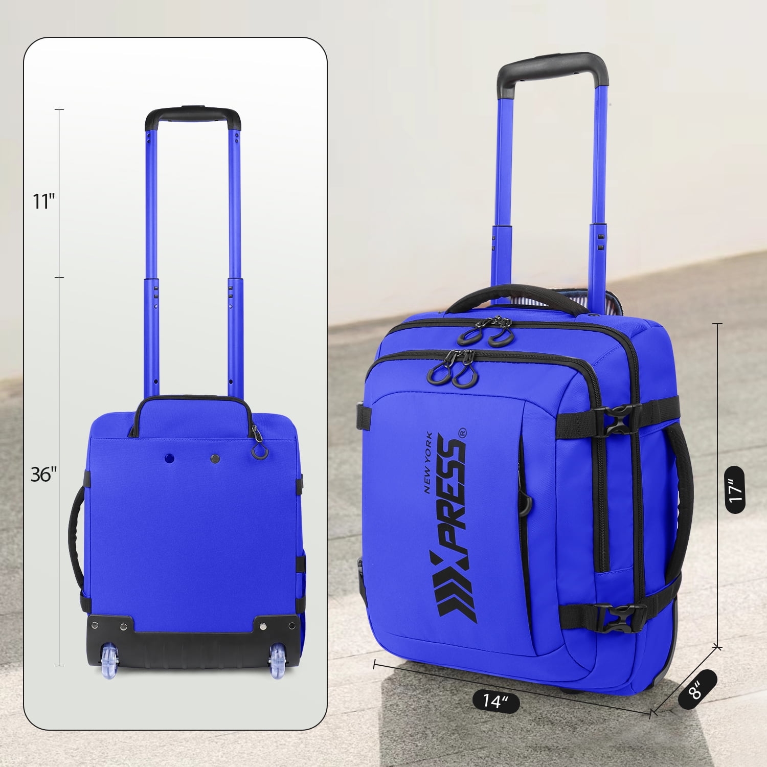 17" Underseat Carry On Luggage Airplane Approved,Water Resistant Softside Rolling Suitcase Lightweight Personal Item Travel Bag,Blue - TA069