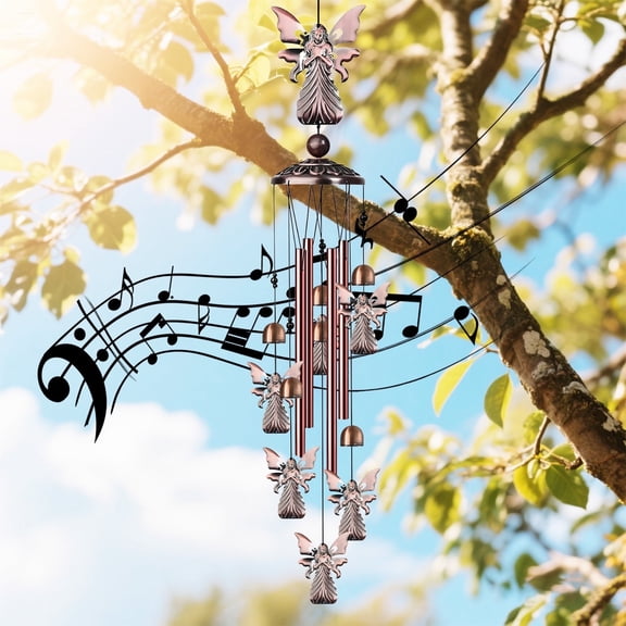 Rirool Angel Wind Chimes Outdoor Decor with 4 Aluminum Tubes & 6 Bells, Romantic Garden Windchime for Home, Christmas Gift for Mom, Patio Balcony