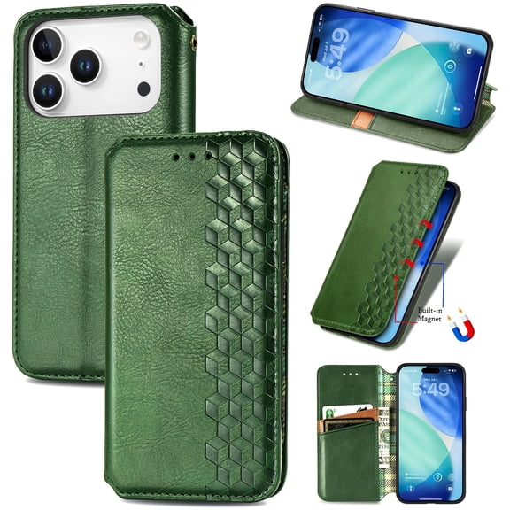 for iPhone 17 Pro Max Wallet Case, Men's Retro Premium Business PU Leather Classic Magnetic Closure Flip Case with Card Holder [RFID Blocking] Folio Kickstand Shockproof Phone Cover,Green