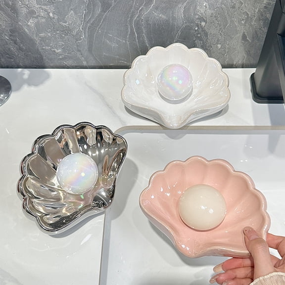 Ceramic Plate Pink Ceramic Soap Dish with Drainage Seashell Soap Tray for Bathroom or Kitchen Sink(1Pcs) Rkxzt