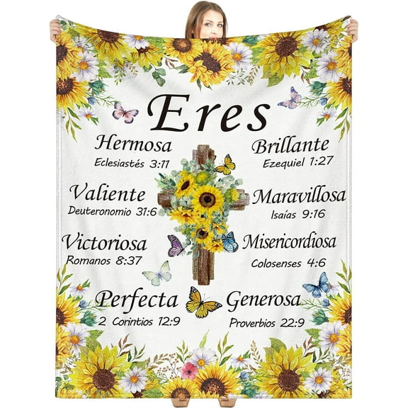 Spanish Christian Blanket Soft Religious Gifts Faith Bible Religious Gifts Spanish Inspirational Spiritual Scriptures Gifts Cozy Religious Throw Blanket for Women (Sunflower)