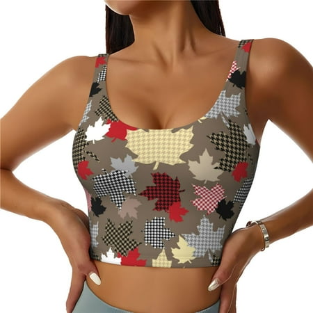 Adobk Maple colorful Print Sports Bras for Women Longline Workout Crop Tank Tops Padded with Built in Shelf Padded Sports Bra-XX-Large