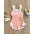 thumbnail image 2 of Kiapeise Baby Girl Sleeveless Halter Ruffle Romper Letter Print Wide Leg Romper Spaghetti Strap Knit Jumpsuit Overalls Shorts, 2 of 8