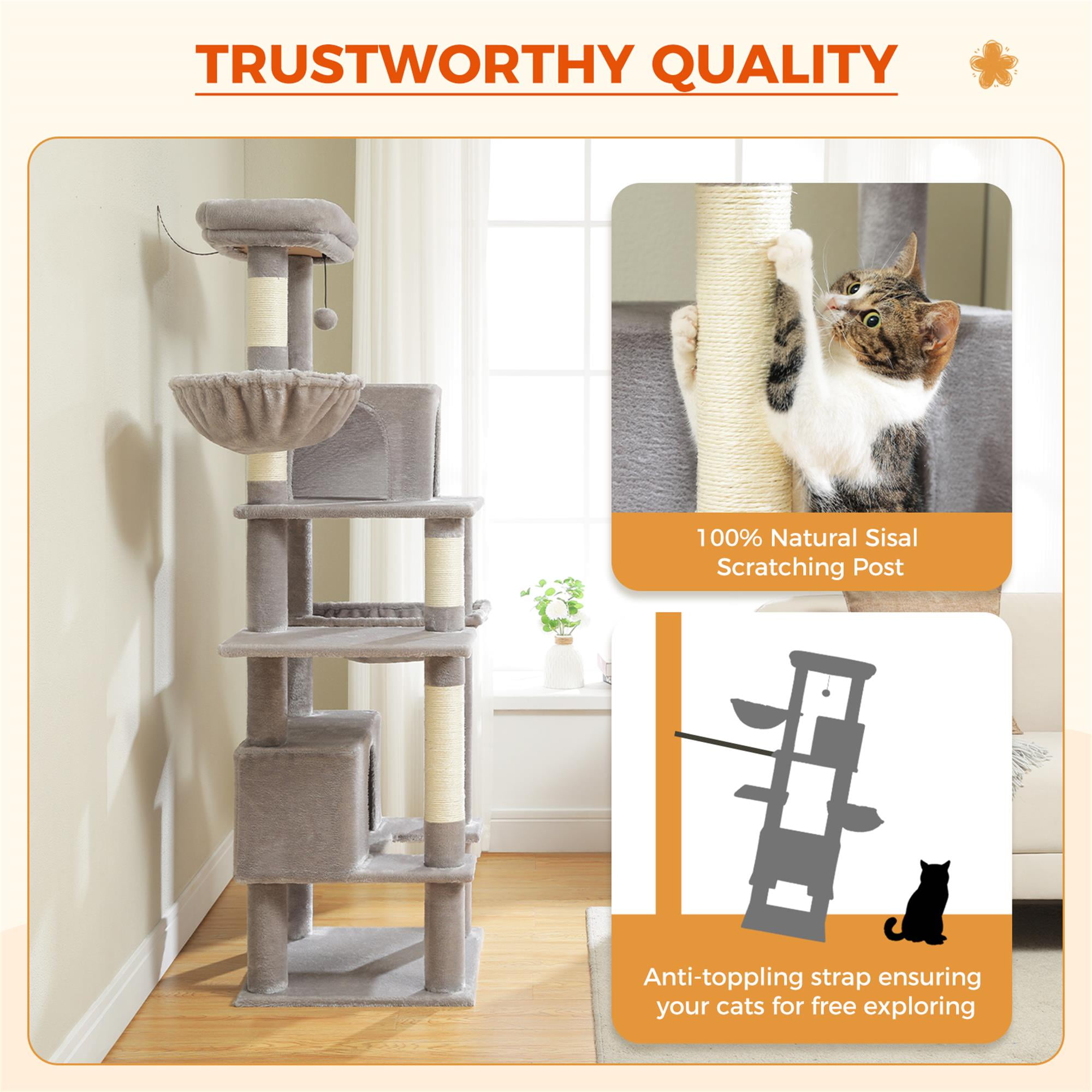resenkos 66" Cat Tree Tower for Big Cats, Cat Tree House Furniture with Hammock, Indoor Cat Condo for Adult Cats, Gray
