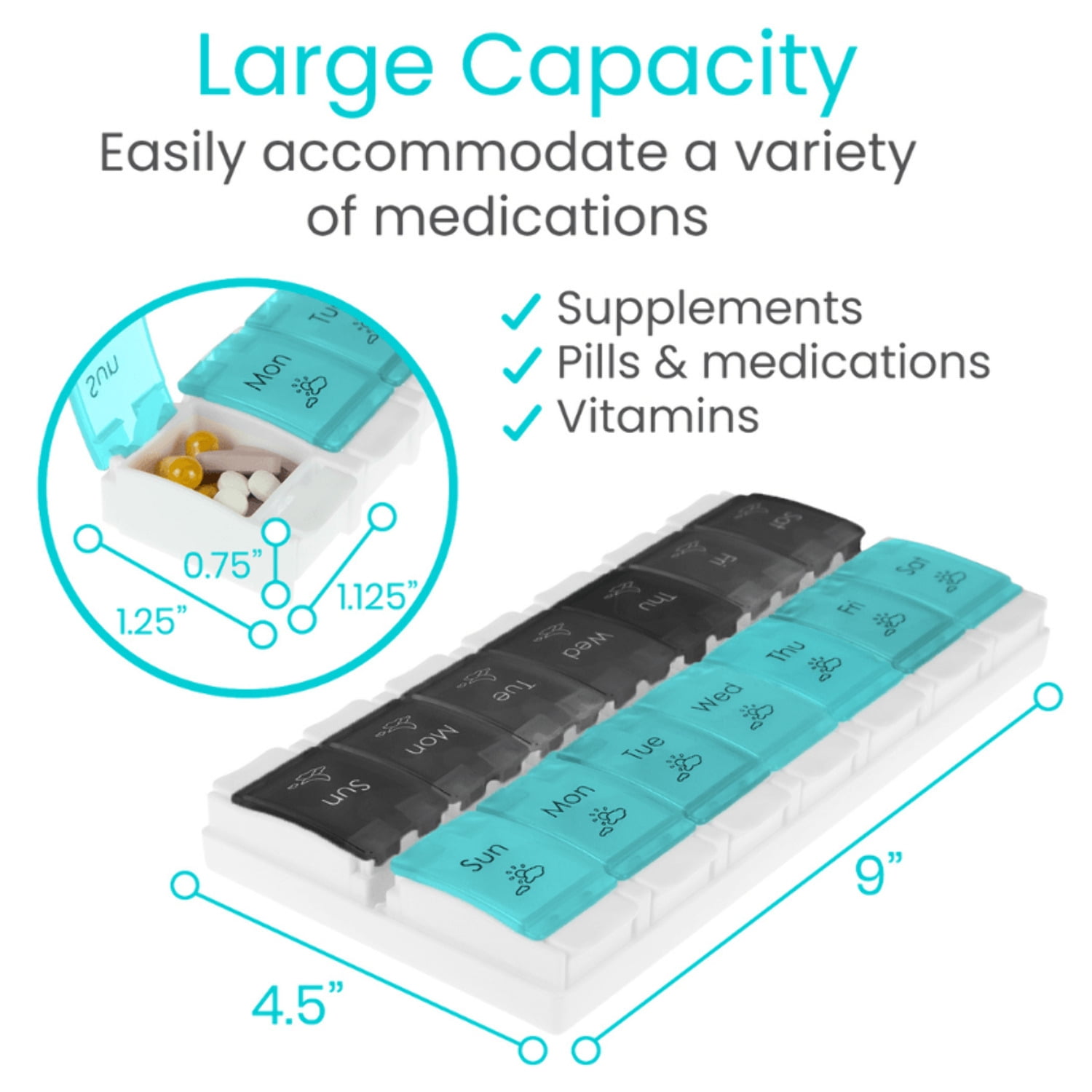 Vive Weekly Medication Organizer – Push-Button Pill Box with Removable AM/PM Trays, BPA-Free Travel Medicine & Vitamin Storage Case