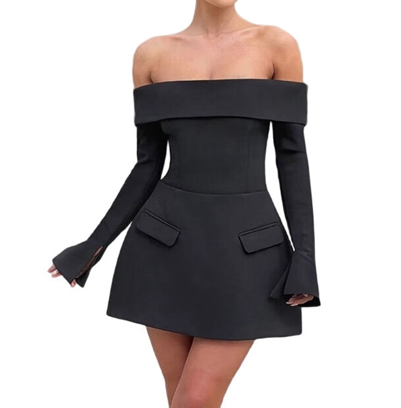 Women Mini Dress Off Shoulder Long Sleeve A Line Dress Short Formal Dresses Party Clubwear Black M