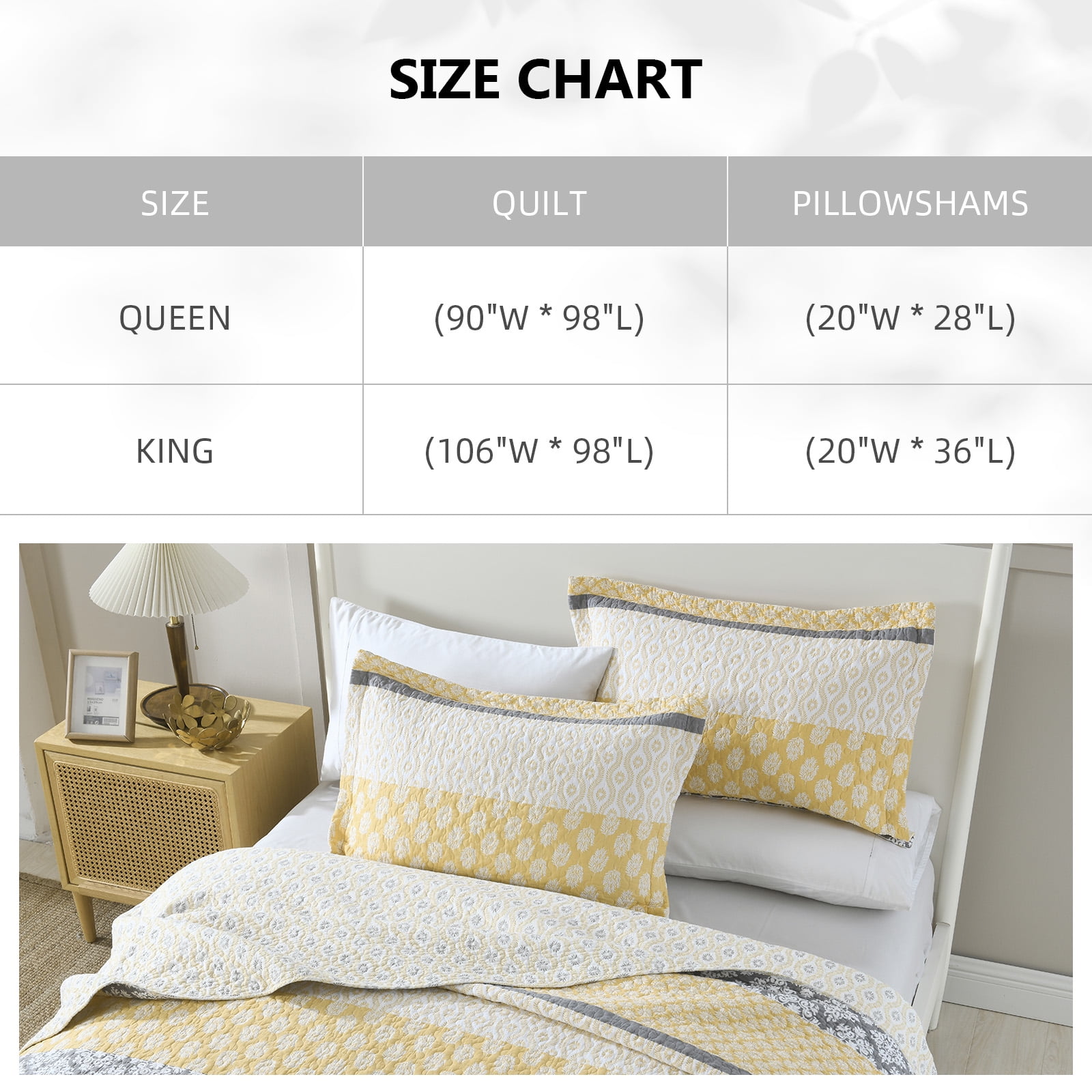 PANGUSHAN 100% Cotton Yellow Quilt King Size, King Quilt Bedding Set Quilted Bedspreads, Lightweight Reversible Floral Comforter for King Bed, All Season, Yellow/Gray, 3 Pieces