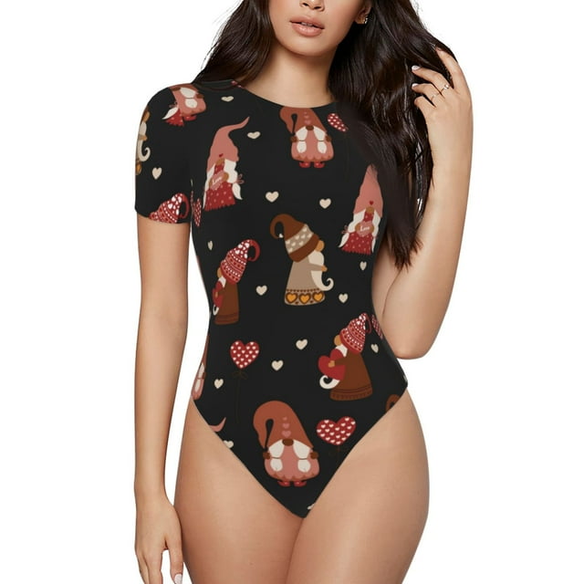Saiise Motif de Gnome de la Saint-Valentin Combinaison à Manches Courtes pour Femmes Pyjama à Col Rond Justaucorps Extensible avec Fermeture à Pression-Grand