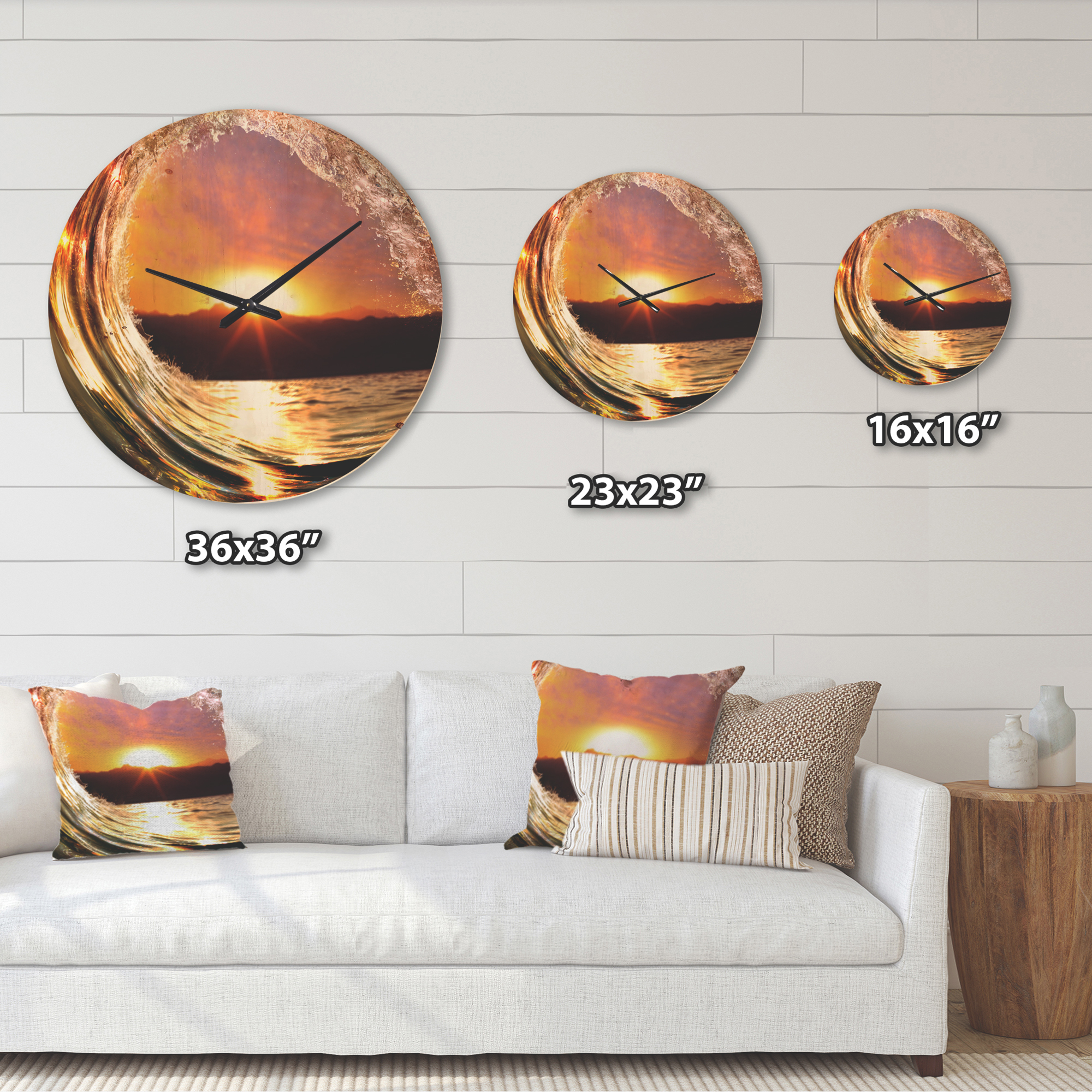 Designart 'Colored Ocean Waves Falling Down At Sunset VIII' Coastal Wood Wall Clock