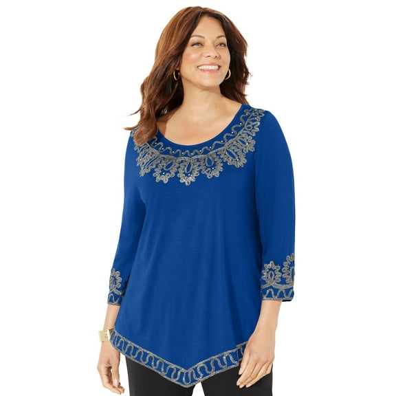 Catherines Women's Plus Size Pointed Hem Embroidered Top
