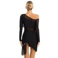 thumbnail image 5 of Aiihoo Women Off Shoulder Rhinestone Mesh Patchwork Latin Dance Dress Tassel Salsa Cha Cha Dance Dress Black M, 5 of 7
