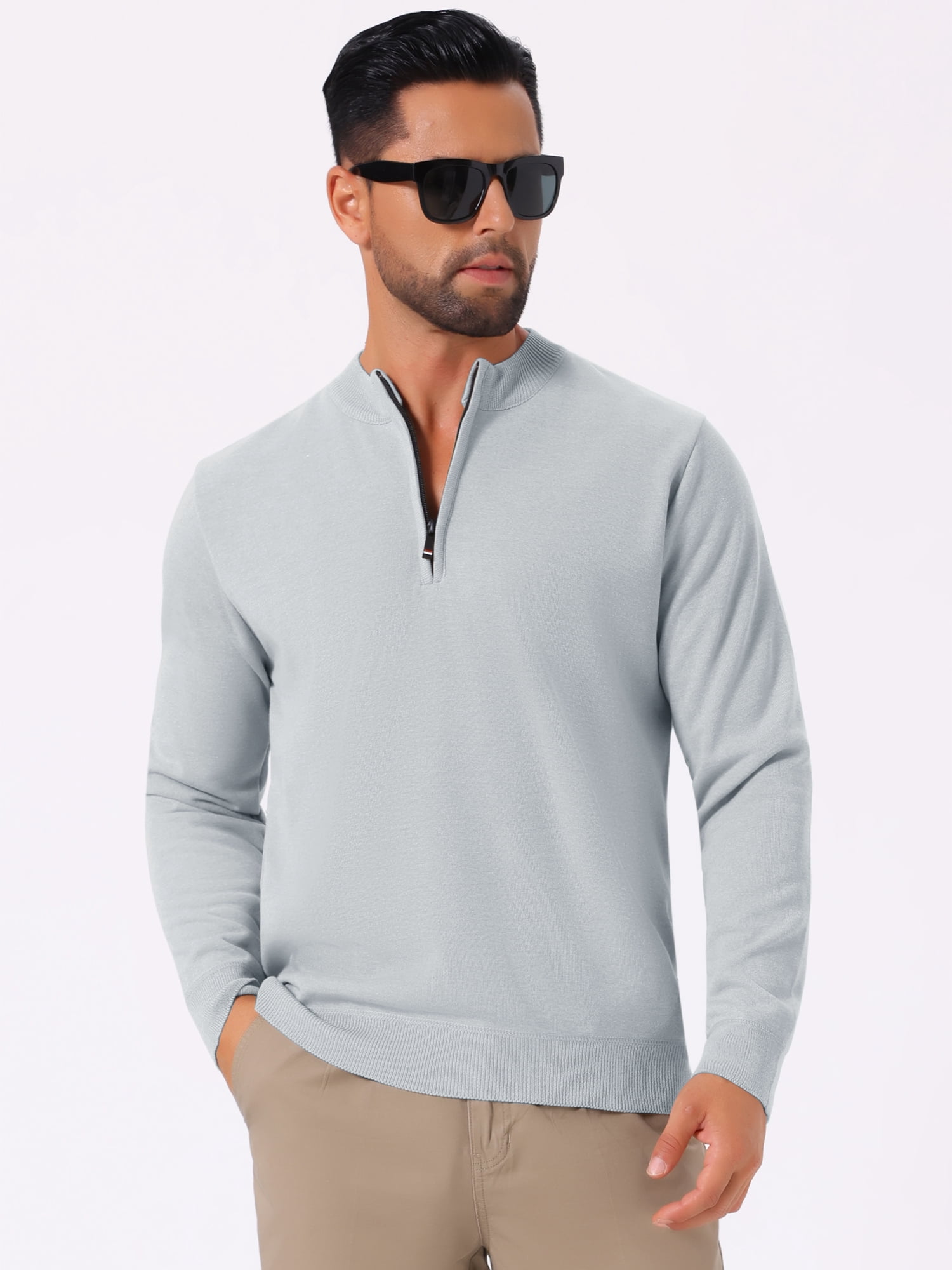 DARING DIVA Men's Mock Neck Pullover Quarter Zip Knitted Polo Sweater XL Light Gray