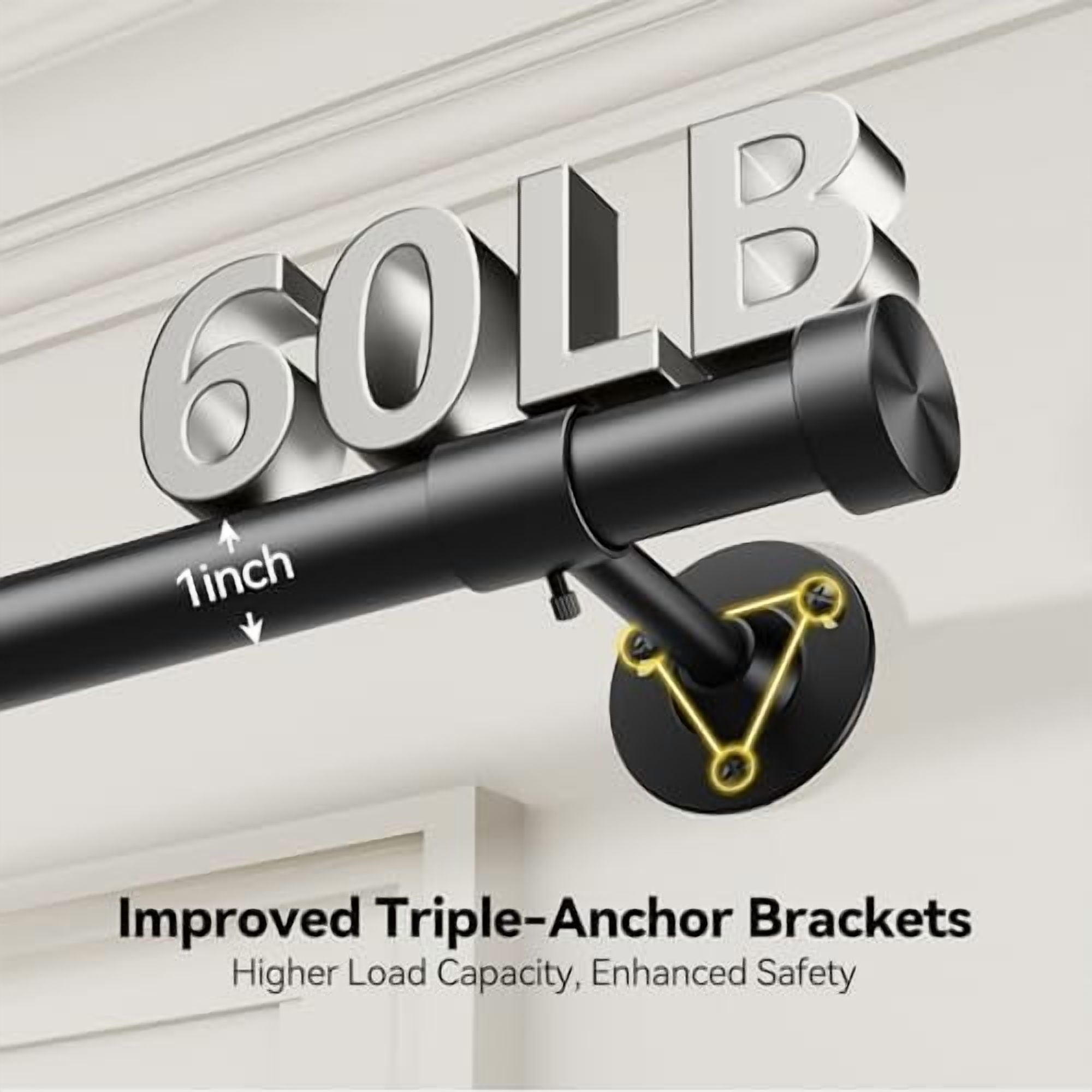 Heavy Duty Curtain Rod 32-150 Inch, 1 Inch Adjustable Black Curtain Rods for Windows, Extra Long Window Treatment Rods with Aluminium Finials, Easy Installation