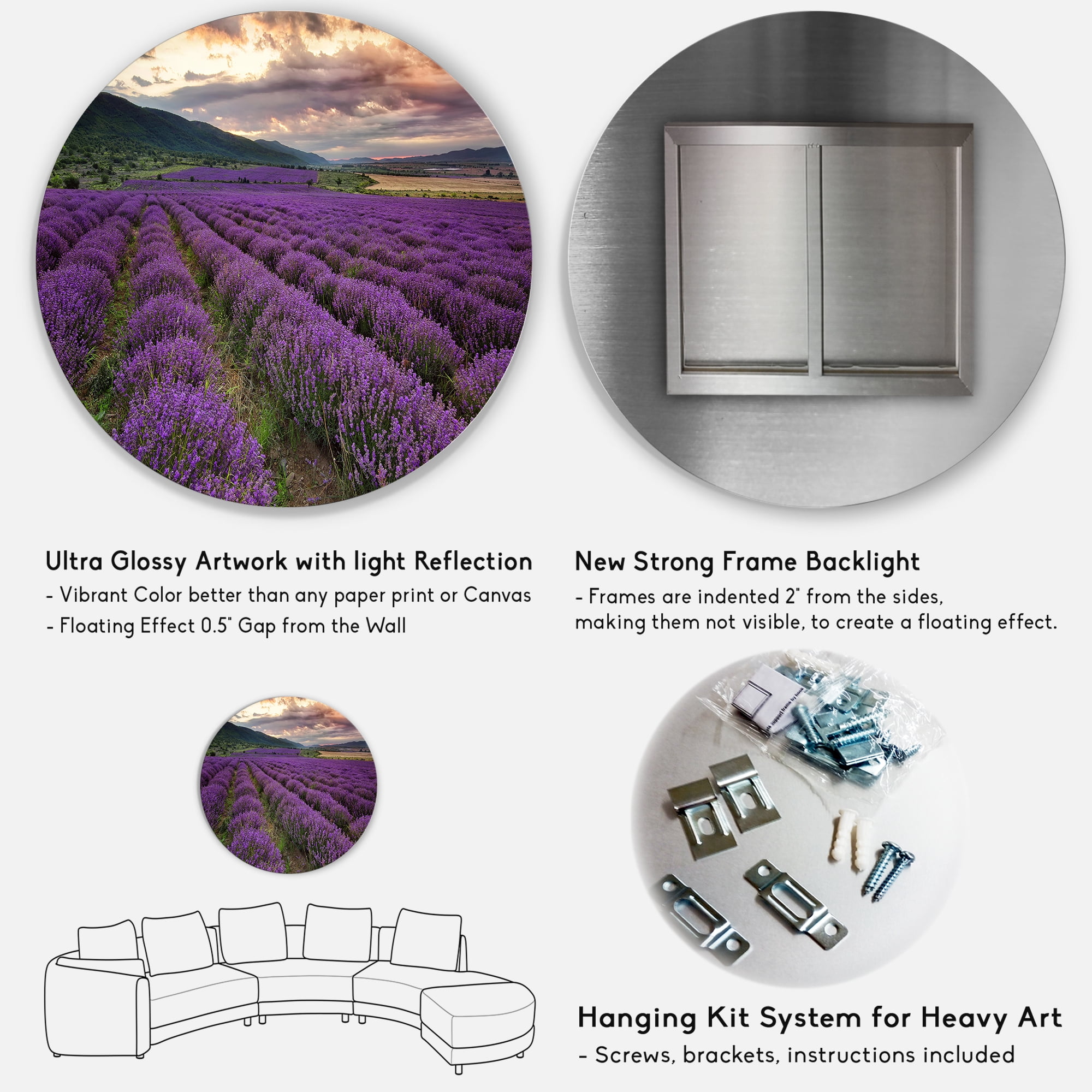 Designart 'Lavender Field At Sunrise I' Farmhouse Circle Metal Wall Art 36x36 - Disc of 36