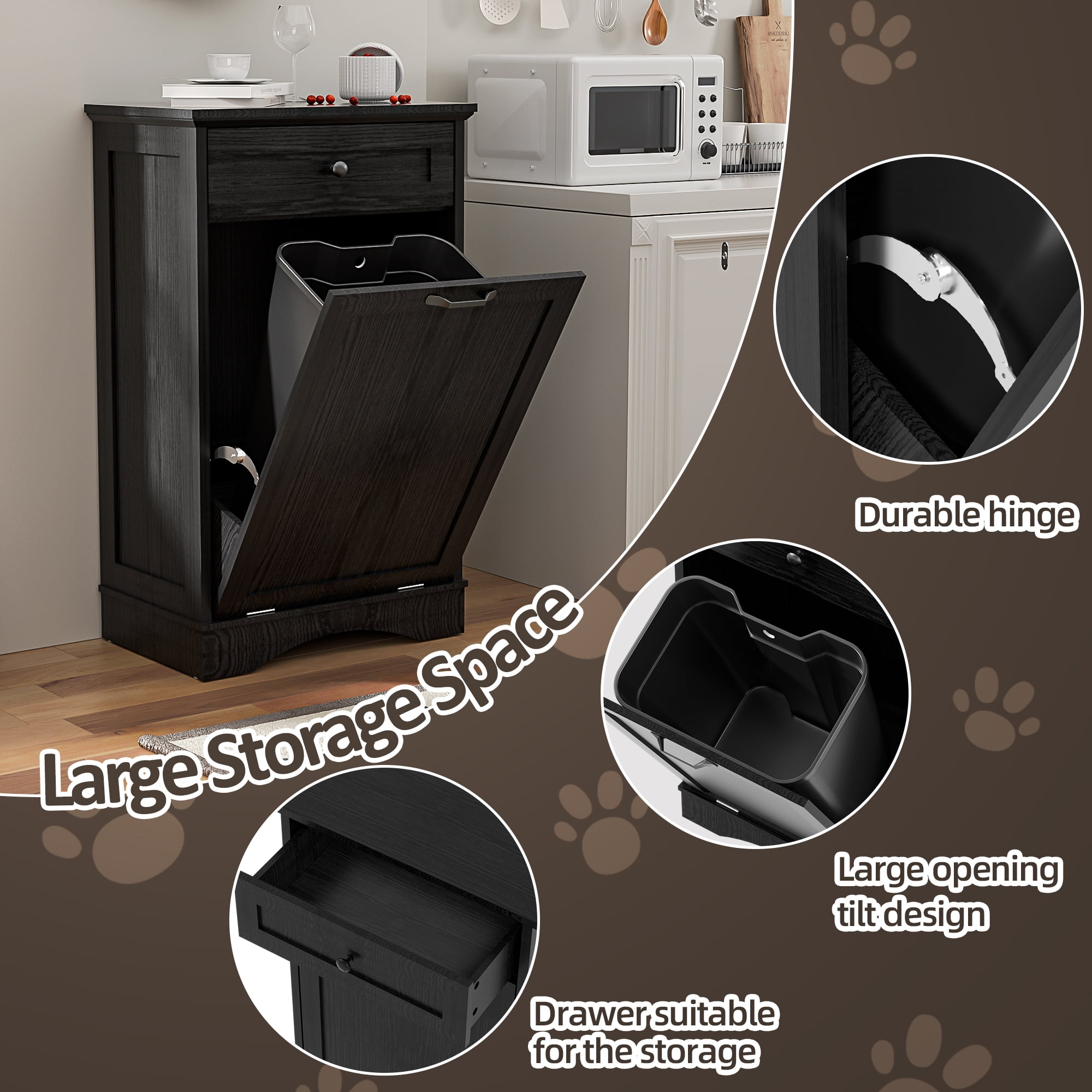 HARIPUL 13 Gallon Tilt Out Trash Cabinet for Kitchen, Single Kitchen Trash Can Cabinet with Drawers, Black