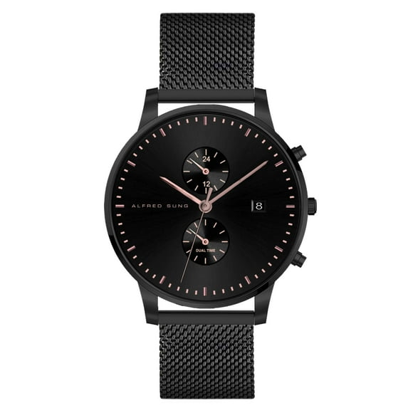 Alfred Sung Dual Time Black dial Black stainless steel mesh Men's watch