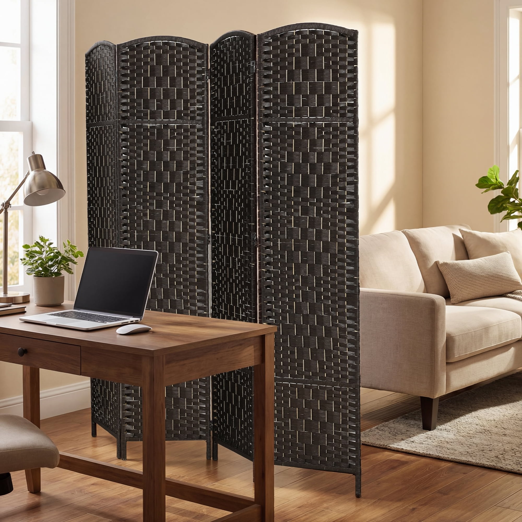 HOMCOM Room Divider, 4 Panel Folding Privacy Screen, 70.9" Tall Portable Wicker Weave Partition Wall Divider for Bedroom, Home Office, Coffee