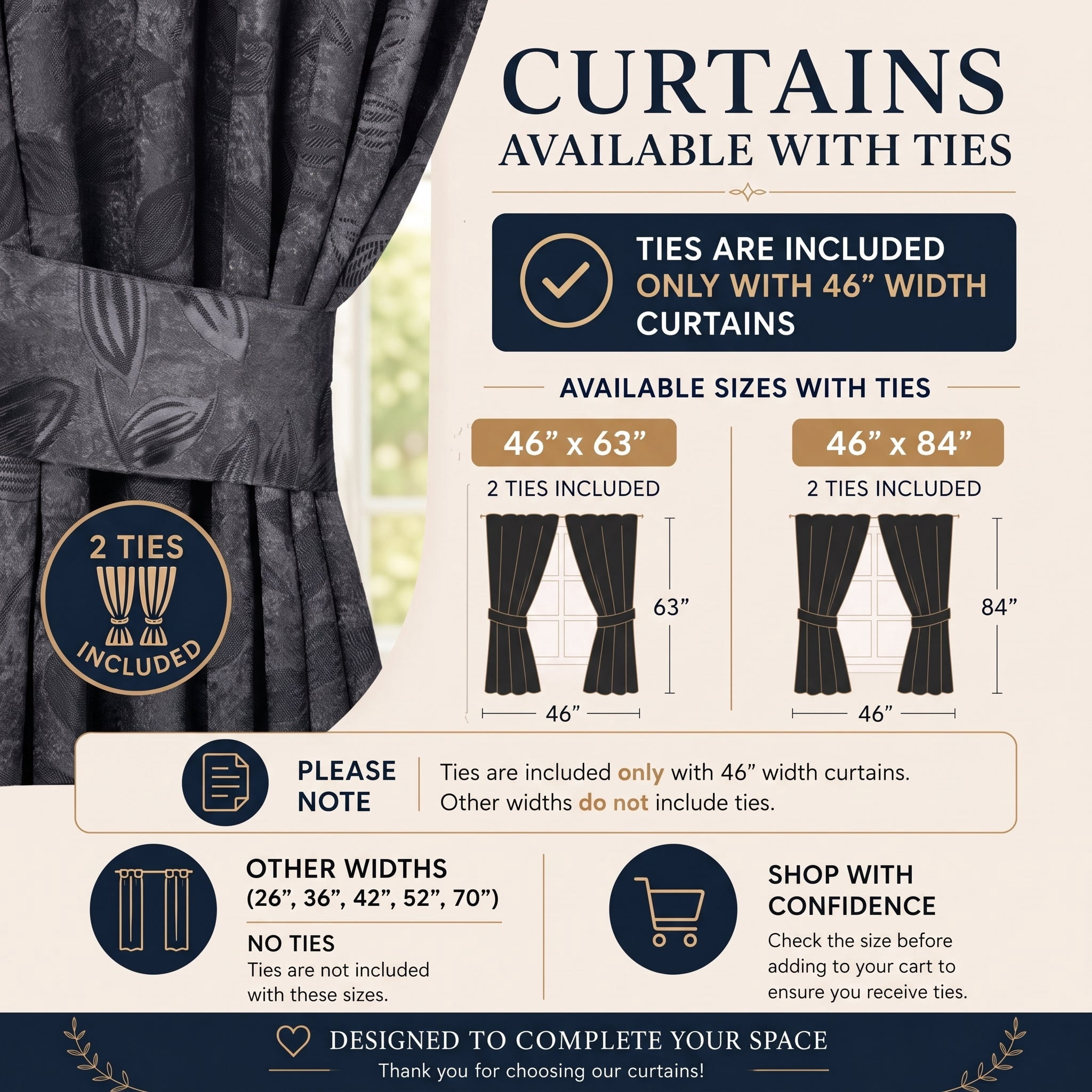 Superior Blackout Leaves Curtains Set of 2, Light Filtering Grommet Curtain Panel Set, Black, 46"W x 63"L