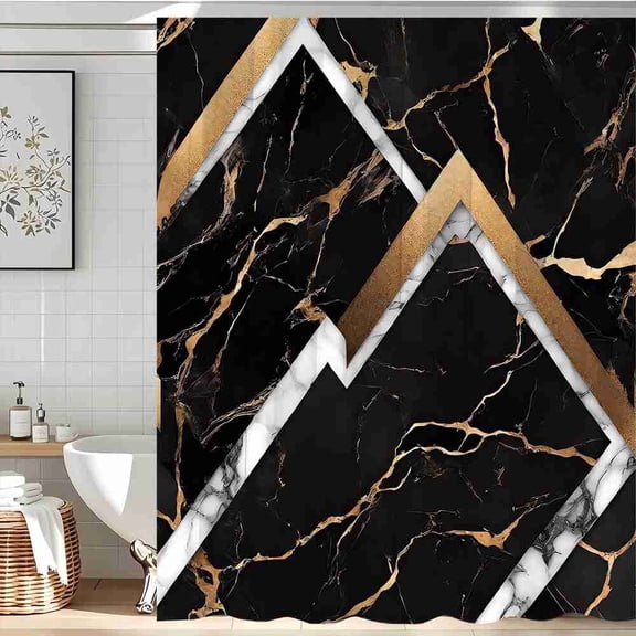 70x70 inch Black Gold and White Geometric Marble Shower Curtain, Waterproof Polyester Fabric with Hooks for Bathroom Decor