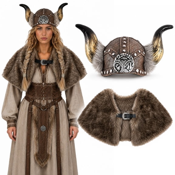 Bulex Medieval Viking Horn Helmet & Faux Fur Shoulder Cape for Adult, Halloween Cosplay Costume Accessories Renaissance Fair LARP Themed Party Dress‑Up
