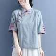 thumbnail image 2 of Blue Womens Tops Women's Spring/Summer Embroidered Tang Dress Half Sleeved Chinese Zen Tea Dress Chinese Cotton Pan Button Qipao Top T Shirts for Women, 2 of 5