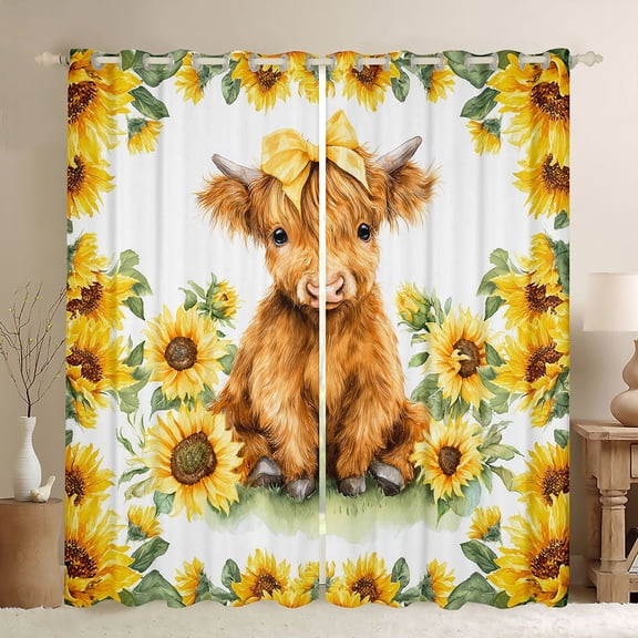 jejeloiu Cute Highland Cow Black Out Curtains,Yellow Sunflower Blossom Curtains Pack of 2 (42x63 Each) For Girls Teens